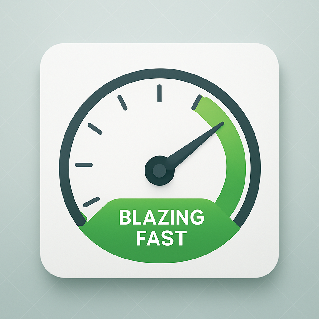 A speedometer gauge indicating a very fast website loading speed.