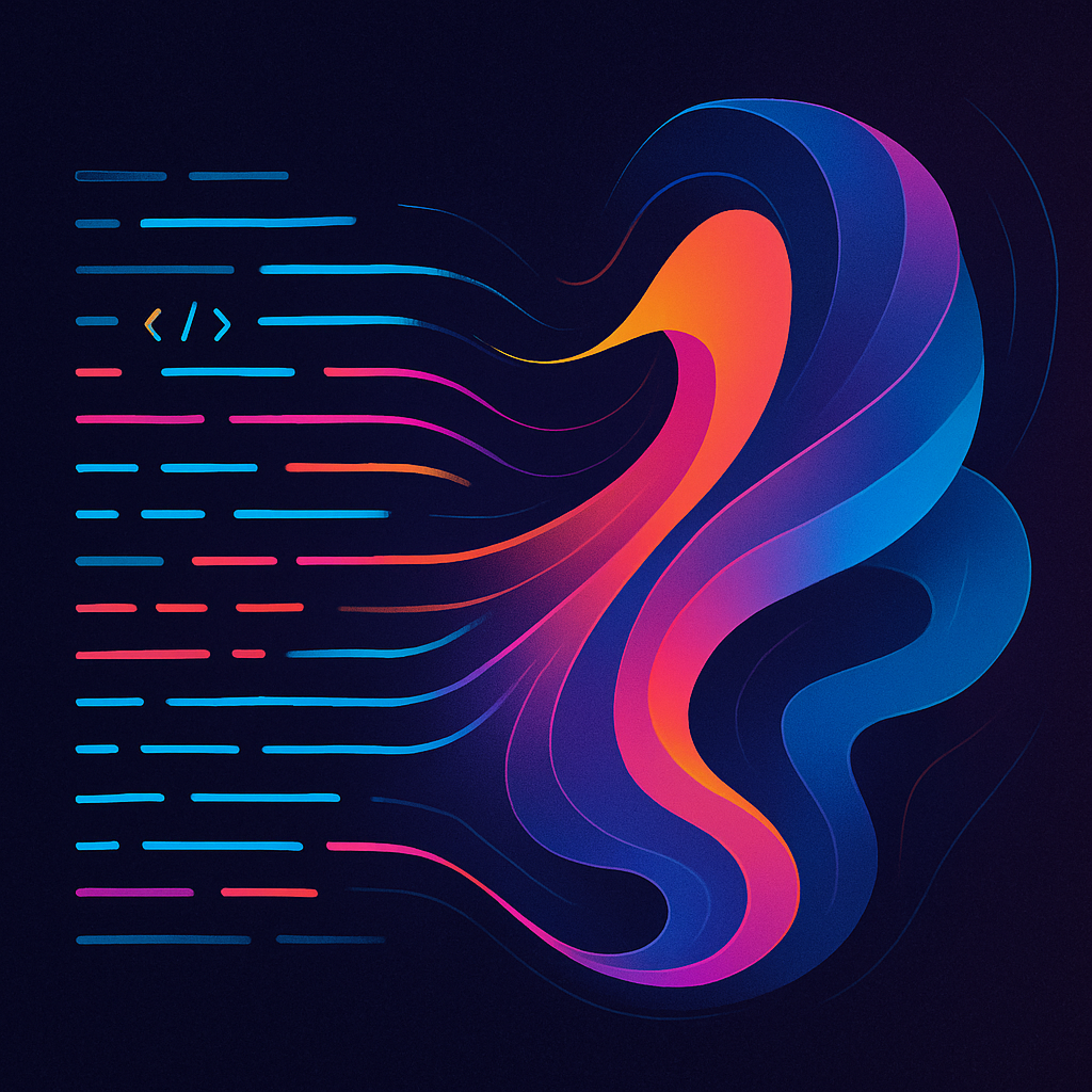Abstract lines of code transforming into a dynamic, animated shape.